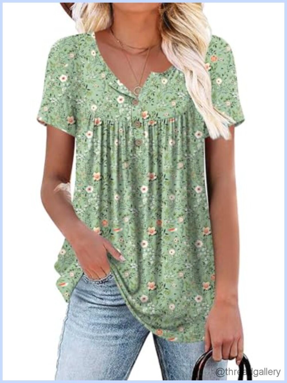 Women's Tunic Top Rayon Spandex Henley V-Neck Short Sleeve Flowy Blouse